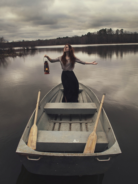Girl In Boat With Candle wallpaper 480x640