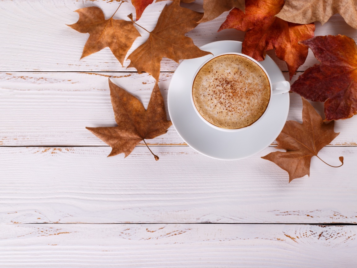 Das Cozy autumn morning with a cup of hot coffee Wallpaper 1152x864