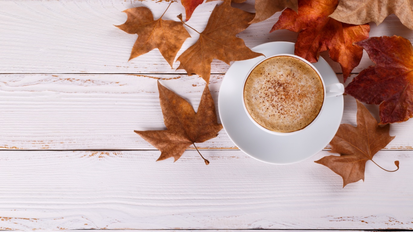 Обои Cozy autumn morning with a cup of hot coffee 1366x768