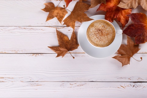 Cozy autumn morning with a cup of hot coffee wallpaper 480x320