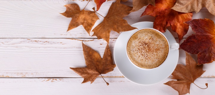 Cozy autumn morning with a cup of hot coffee wallpaper 720x320