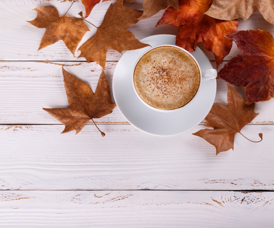 Cozy autumn morning with a cup of hot coffee wallpaper 960x800