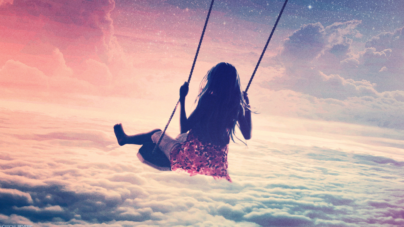 Girl On Swing Above Cloudy Sky wallpaper 1366x768
