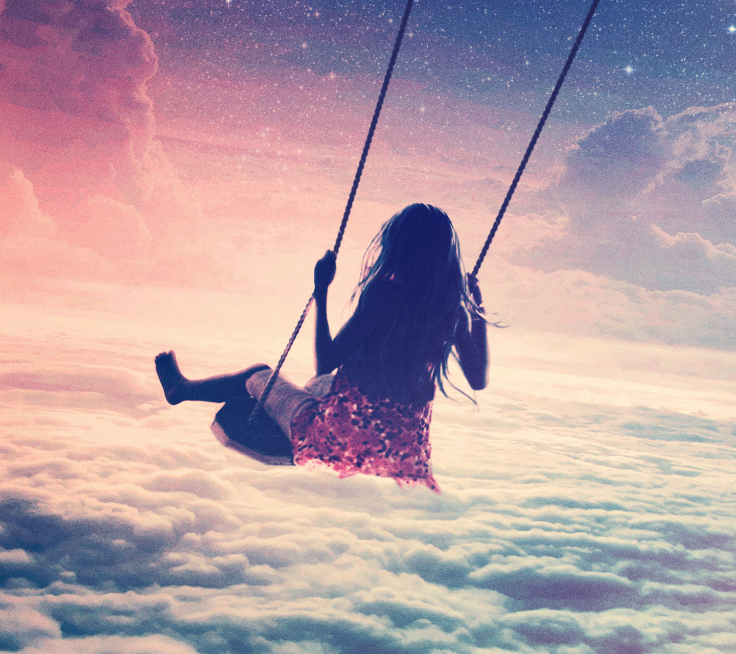 Fondo de pantalla Girl On Swing Above Cloudy Sky 1440x1280