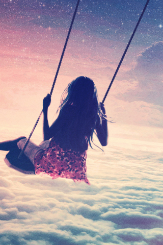 Das Girl On Swing Above Cloudy Sky Wallpaper 320x480