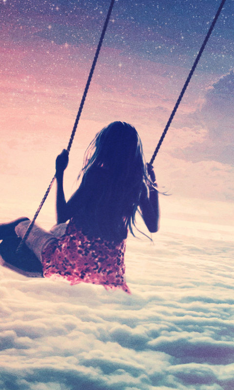 Das Girl On Swing Above Cloudy Sky Wallpaper 480x800