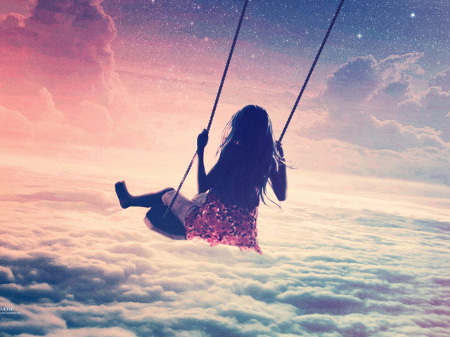 Обои Girl On Swing Above Cloudy Sky 640x480
