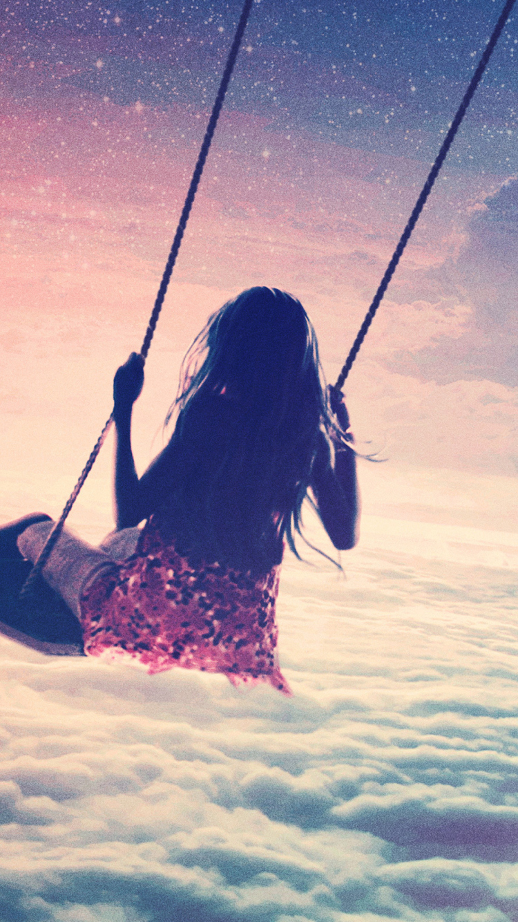 Girl On Swing Above Cloudy Sky wallpaper 750x1334