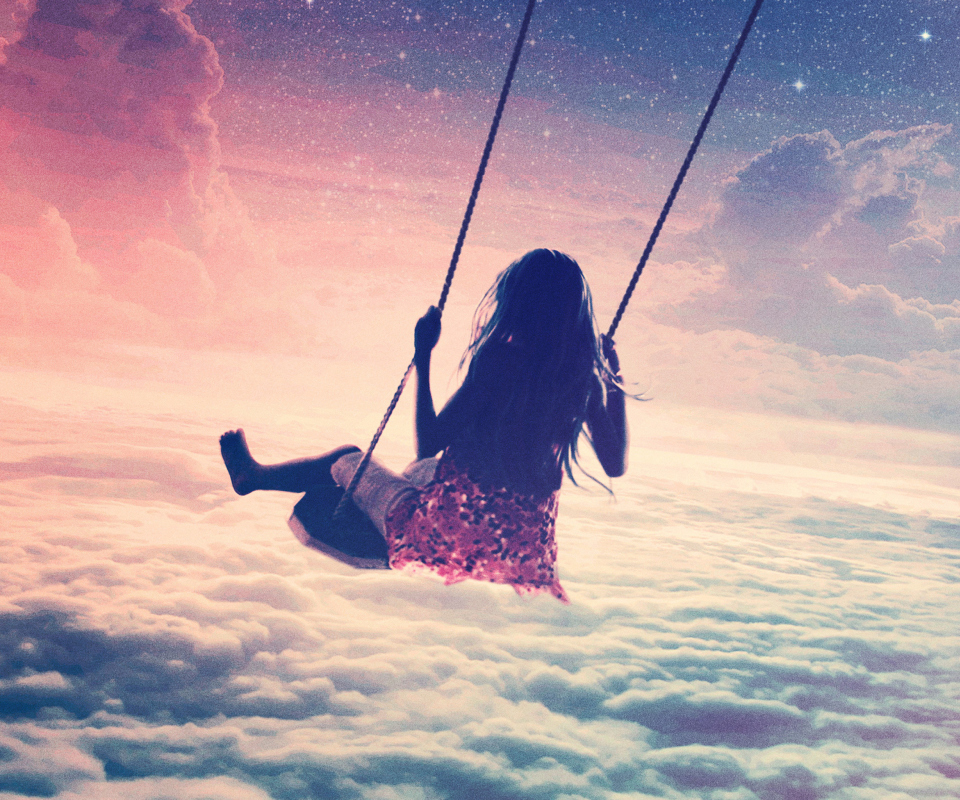 Girl On Swing Above Cloudy Sky wallpaper 960x800