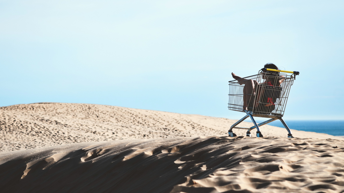 Das Girl In Shopping Cart Wallpaper 1366x768