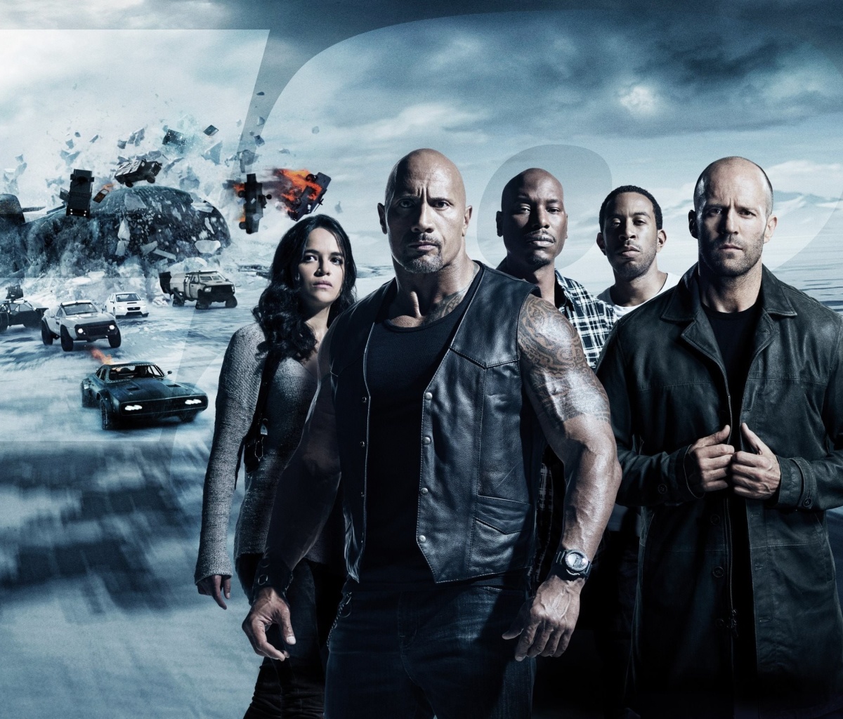 Обои The Fate of the Furious with Vin Diesel, Dwayne Johnson, Charlize Theron 1200x1024