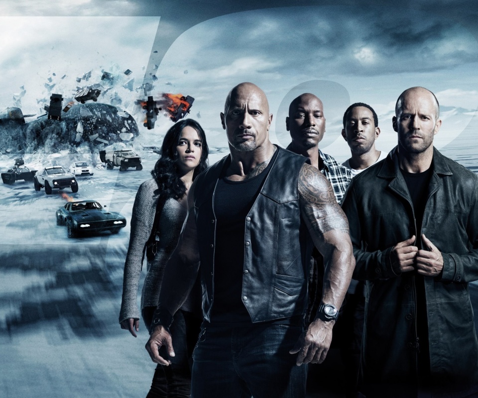 Обои The Fate of the Furious with Vin Diesel, Dwayne Johnson, Charlize Theron 960x800