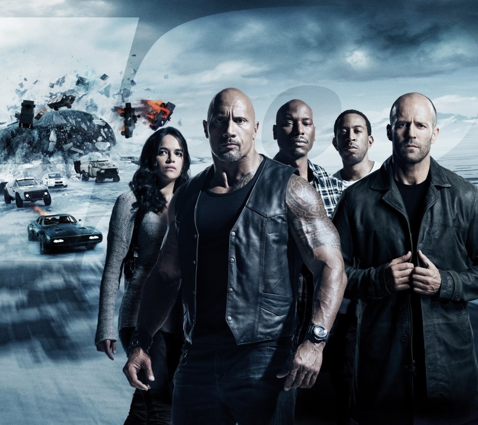 Обои The Fate of the Furious with Vin Diesel, Dwayne Johnson, Charlize Theron 960x854