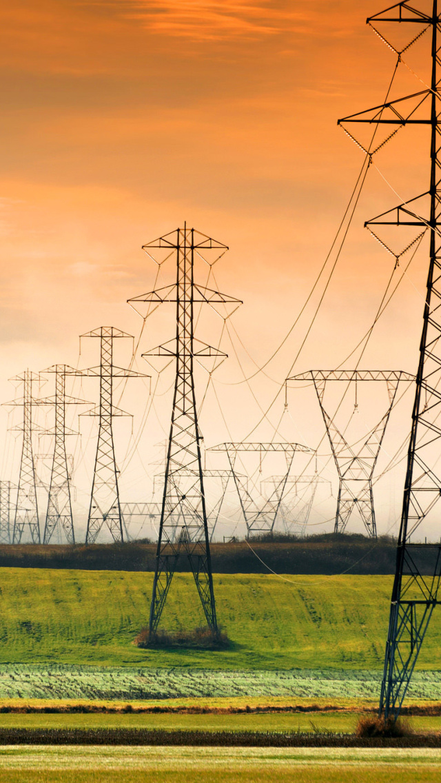 Power lines on field wallpaper 640x1136