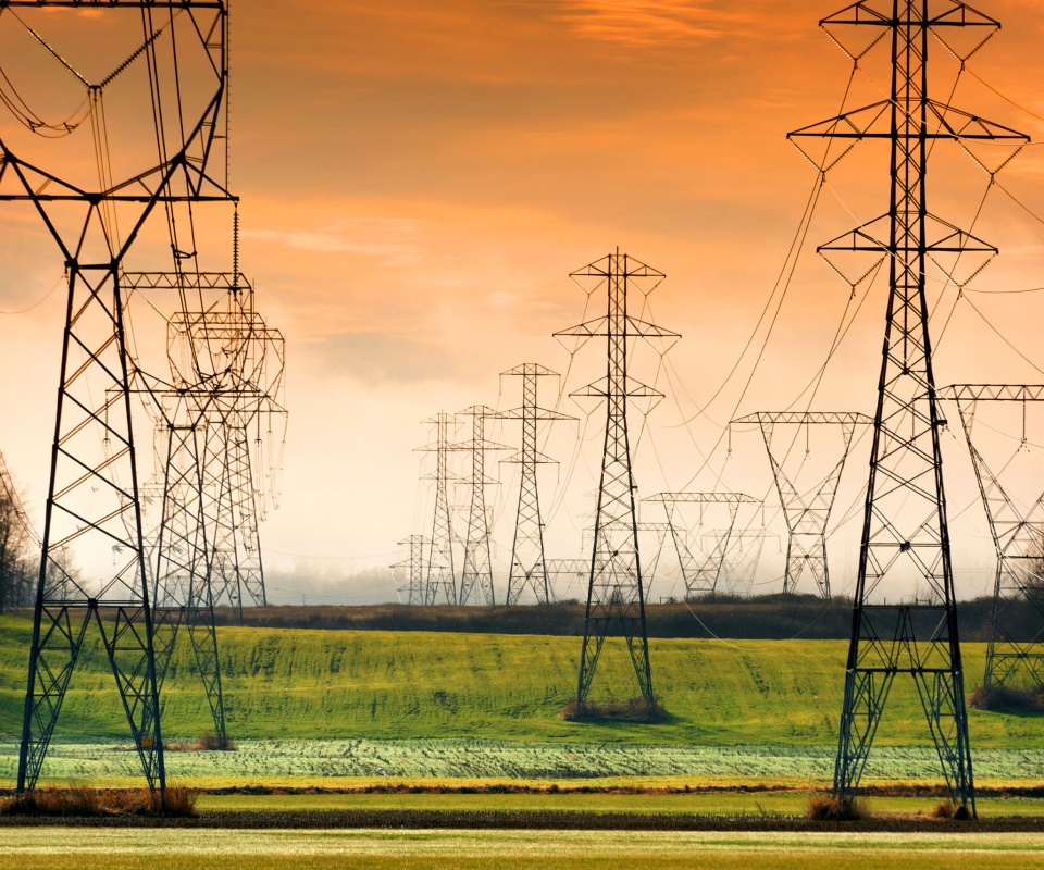 Power lines on field wallpaper 960x800