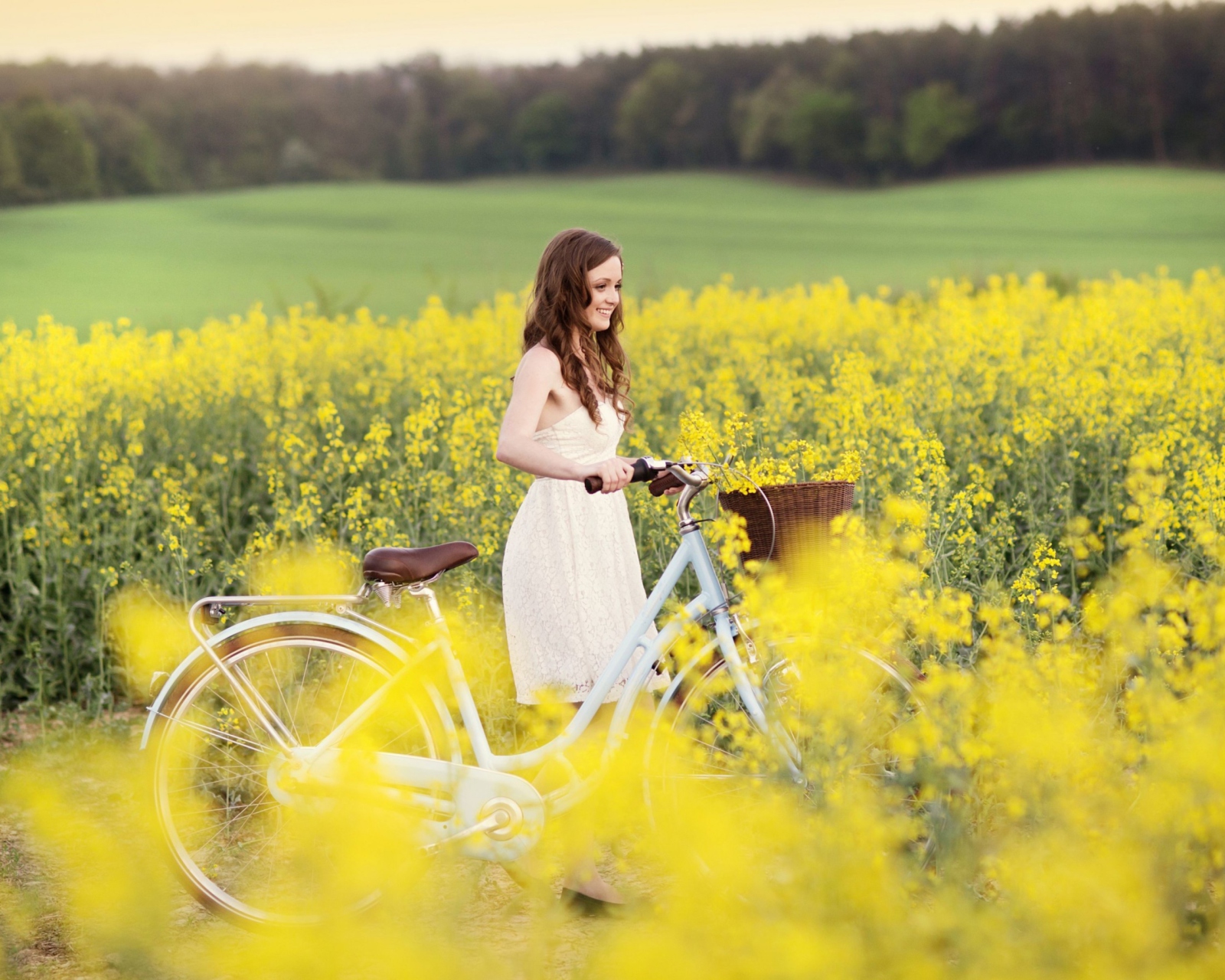 Fondo de pantalla Girl With Bicycle In Yellow Field 1600x1280