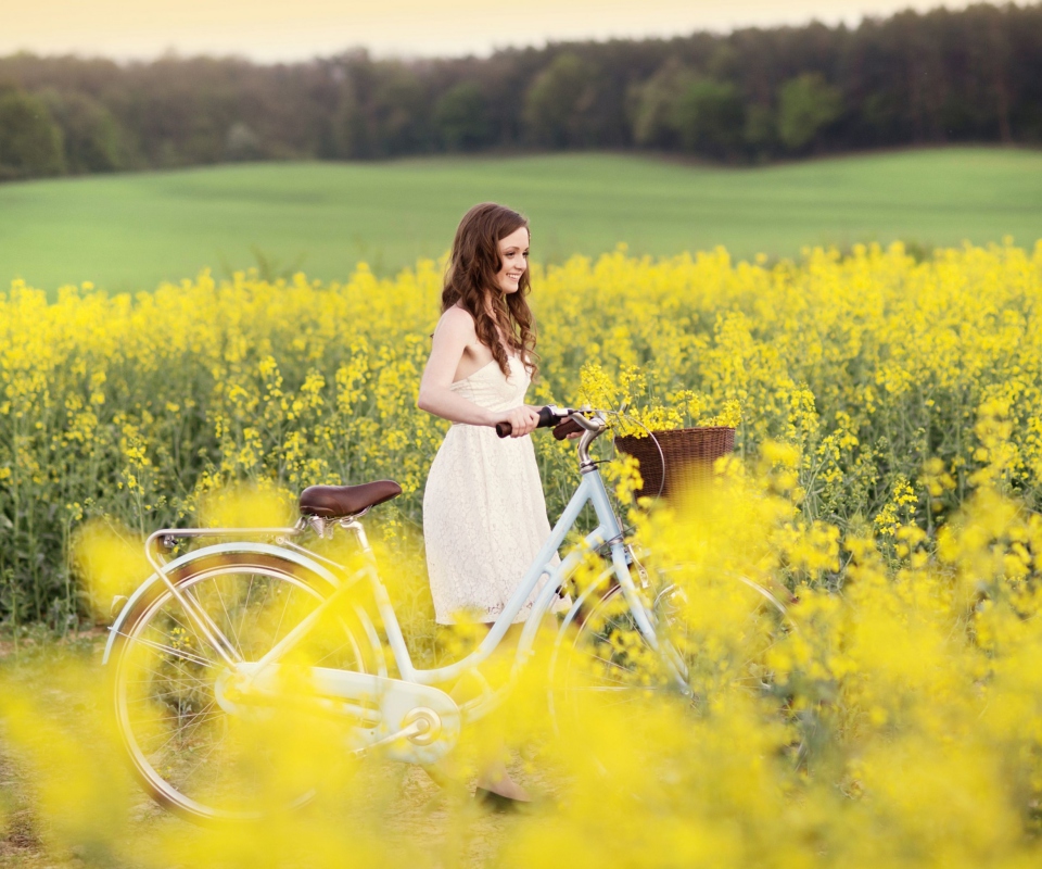 Обои Girl With Bicycle In Yellow Field 960x800
