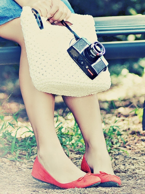 Girl With Camera Sitting On Bench wallpaper 480x640
