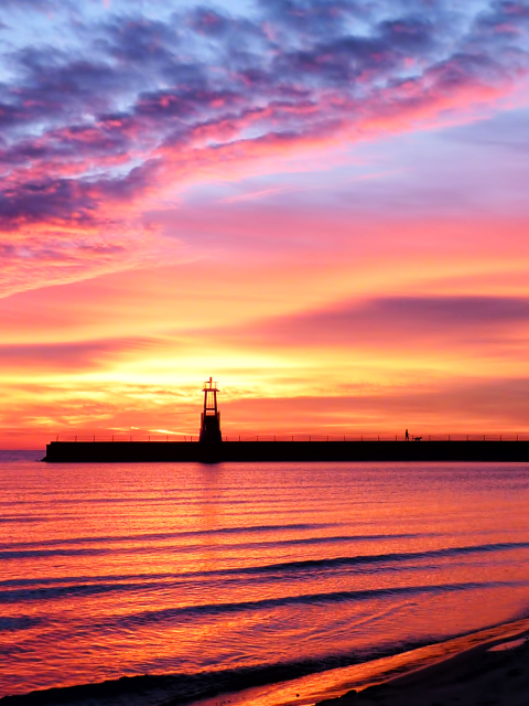 Lighthouse And Red Sunset Beach wallpaper 480x640