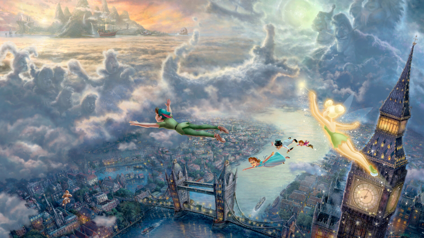 Thomas Kinkade, Tinkerbell And Peter Pan wallpaper 1366x768