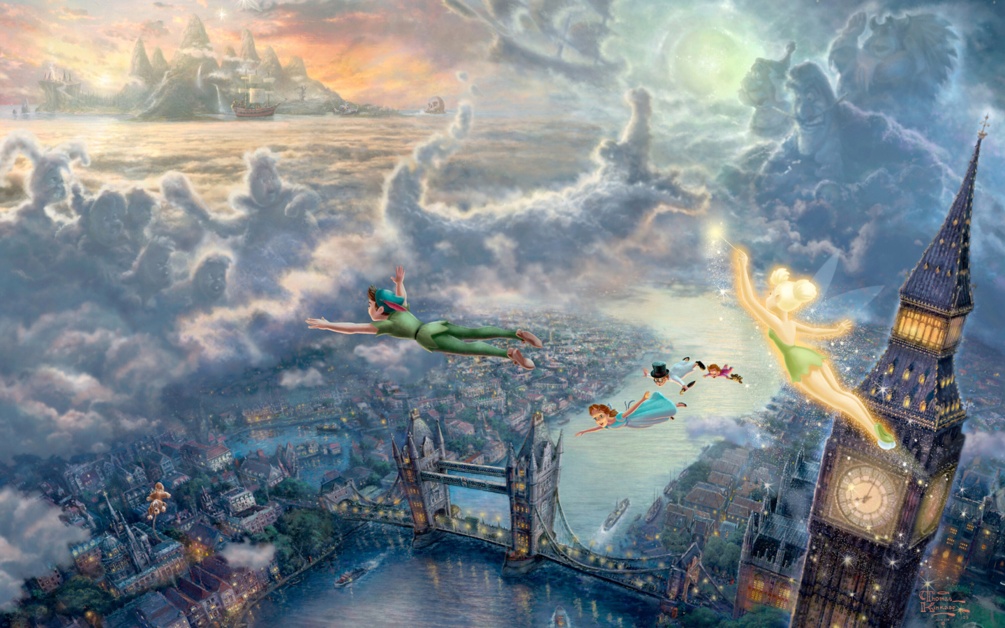 Thomas Kinkade, Tinkerbell And Peter Pan wallpaper 1440x900