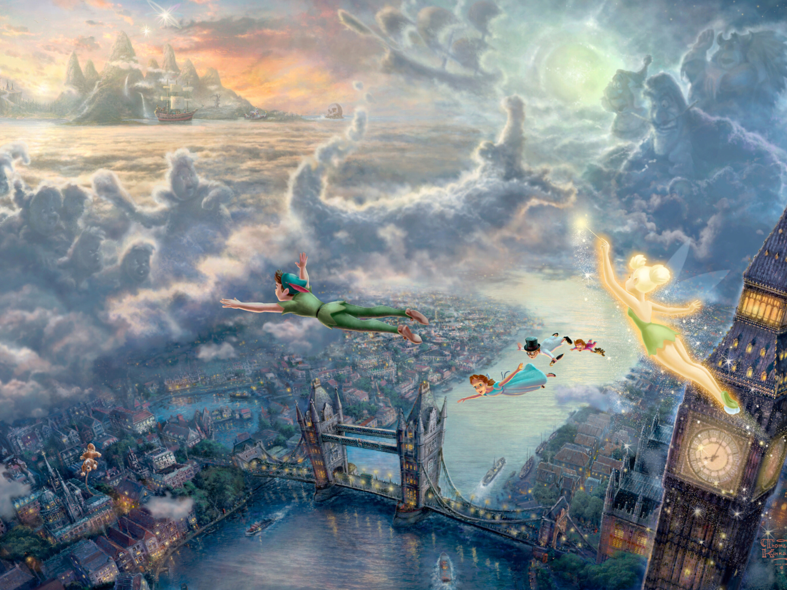 Das Thomas Kinkade, Tinkerbell And Peter Pan Wallpaper 1600x1200