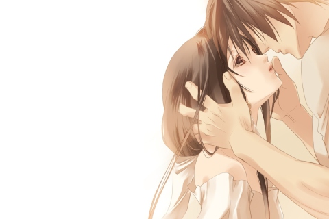 Обои Anime Couple Sweet Love Kiss 480x320