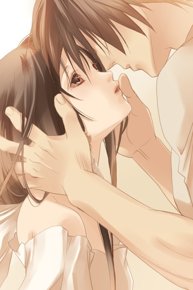 Das Anime Couple Sweet Love Kiss Wallpaper 640x960