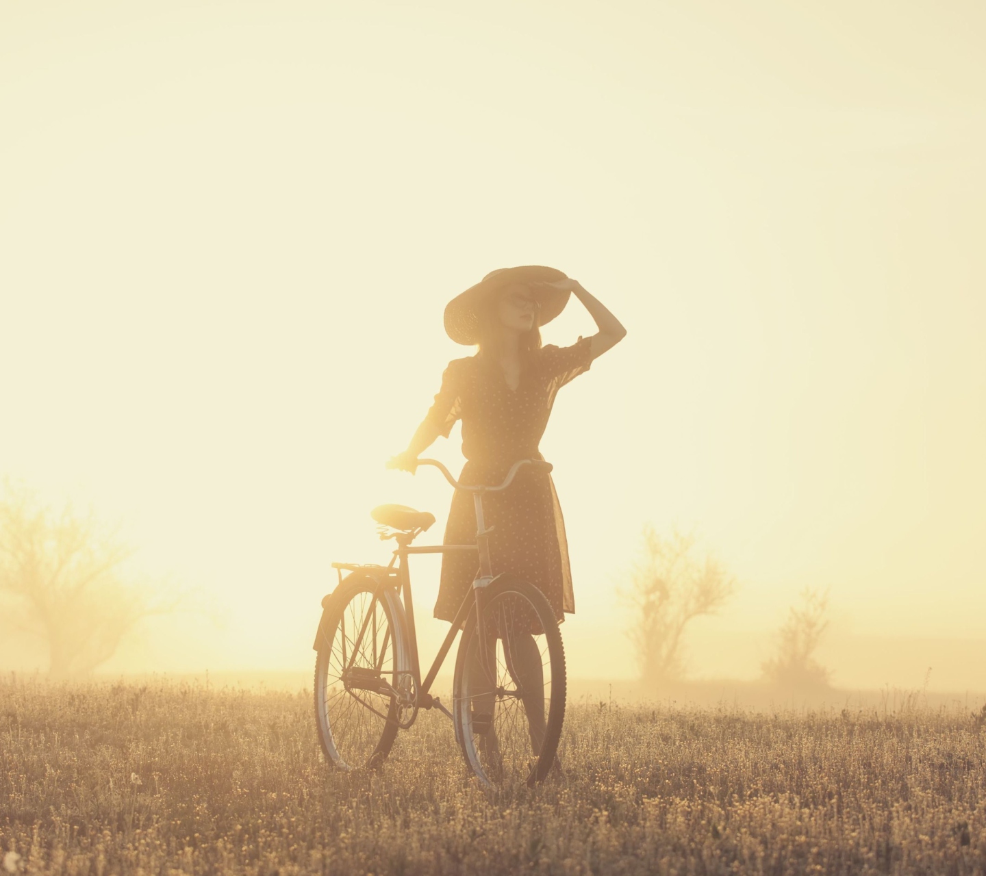 Fondo de pantalla Girl And Bicycle On Misty Day 1440x1280