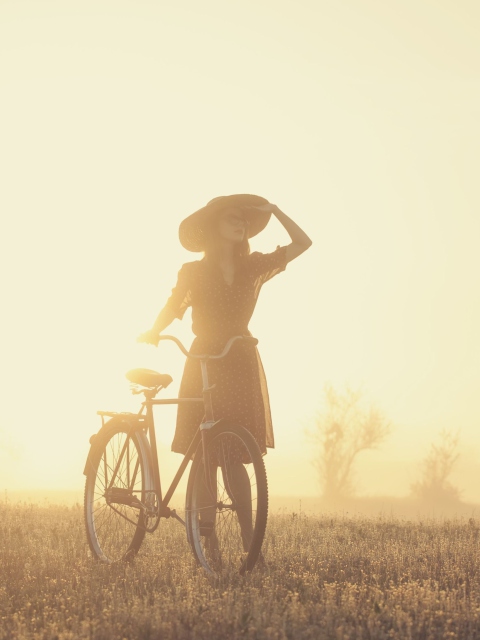 Girl And Bicycle On Misty Day wallpaper 480x640