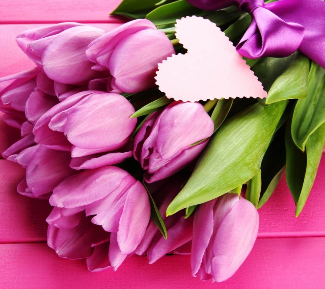 Pink Tulips Bouquet And Paper Heart wallpaper 1080x960