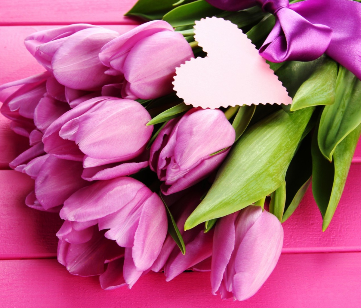 Pink Tulips Bouquet And Paper Heart wallpaper 1200x1024