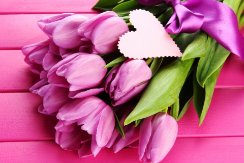 Pink Tulips Bouquet And Paper Heart wallpaper 480x320