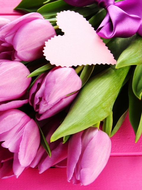 Pink Tulips Bouquet And Paper Heart wallpaper 480x640