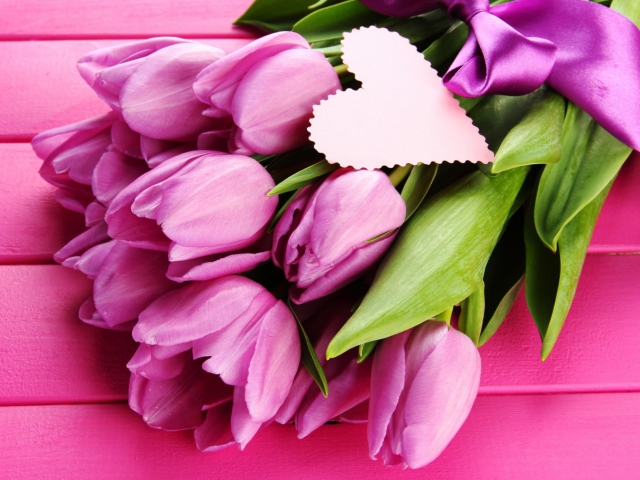 Pink Tulips Bouquet And Paper Heart wallpaper 640x480