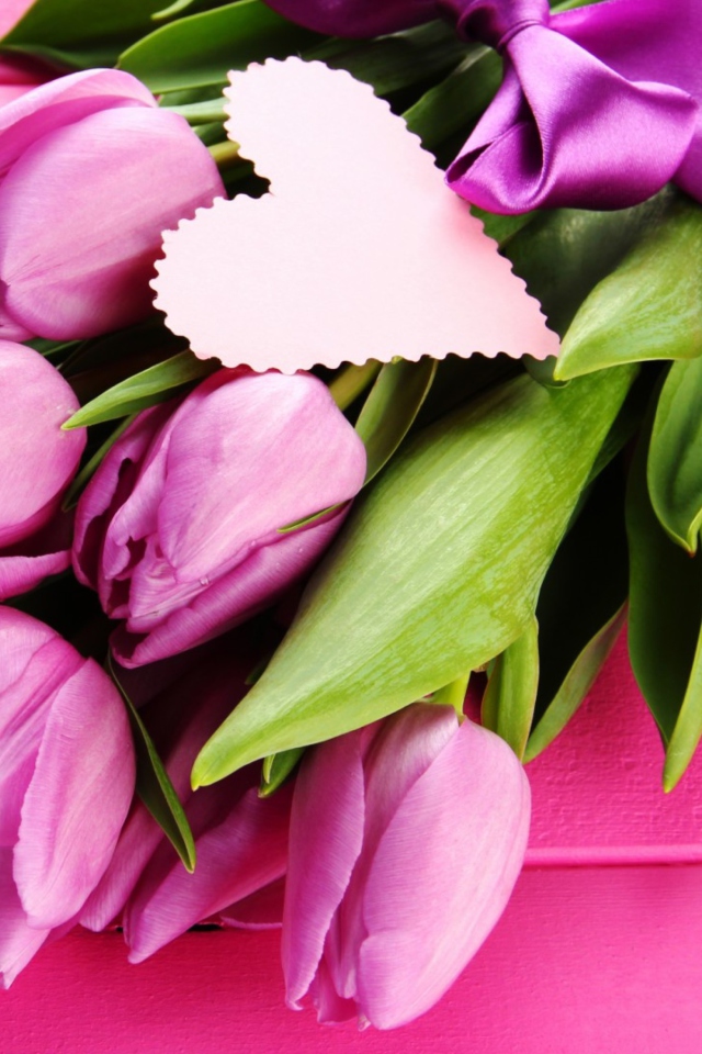 Pink Tulips Bouquet And Paper Heart wallpaper 640x960