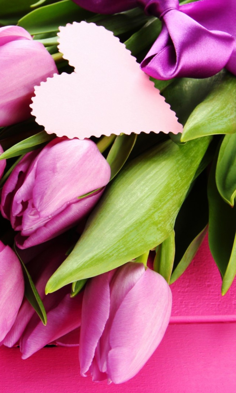 Sfondi Pink Tulips Bouquet And Paper Heart 768x1280