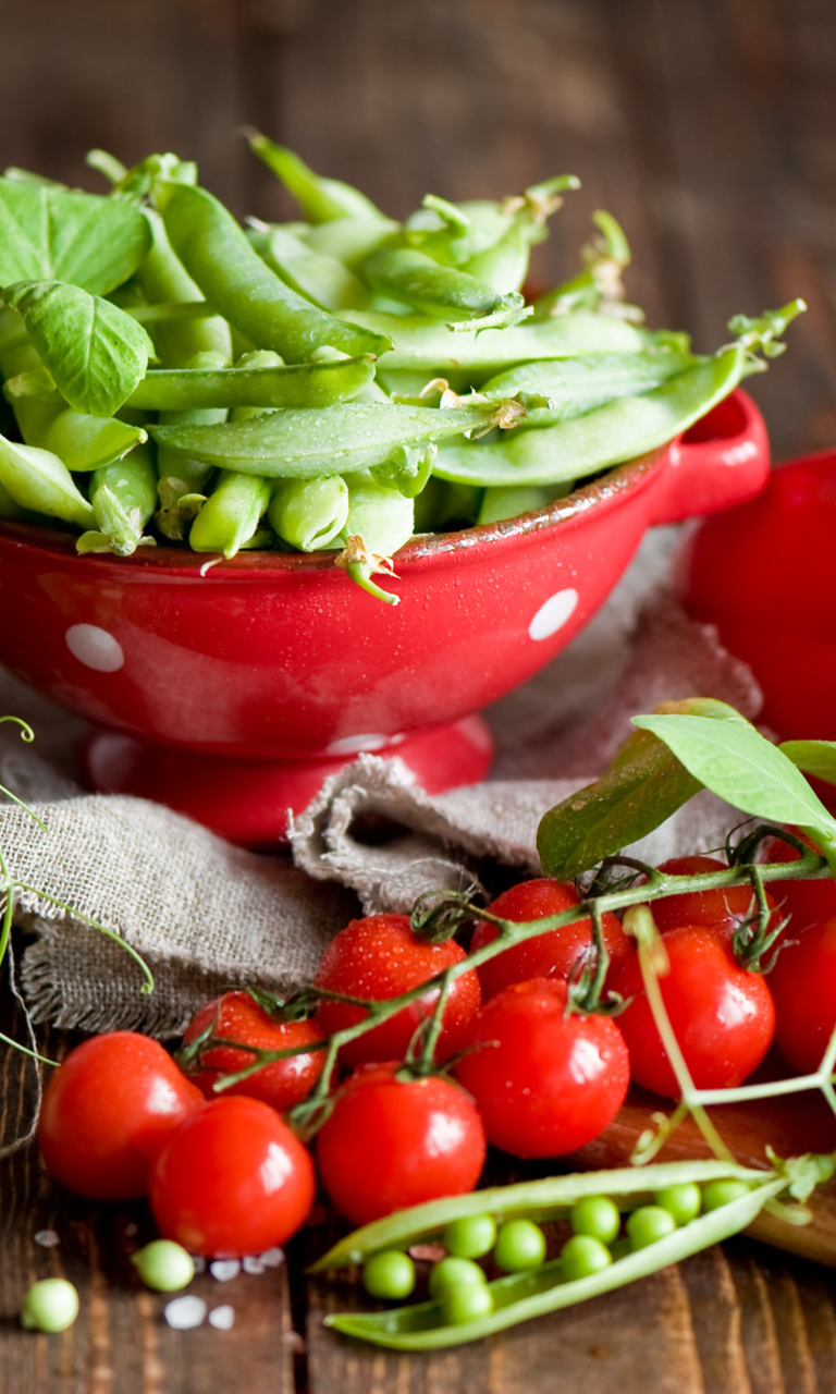 Red Cherry Tomatoes And Peas wallpaper 768x1280