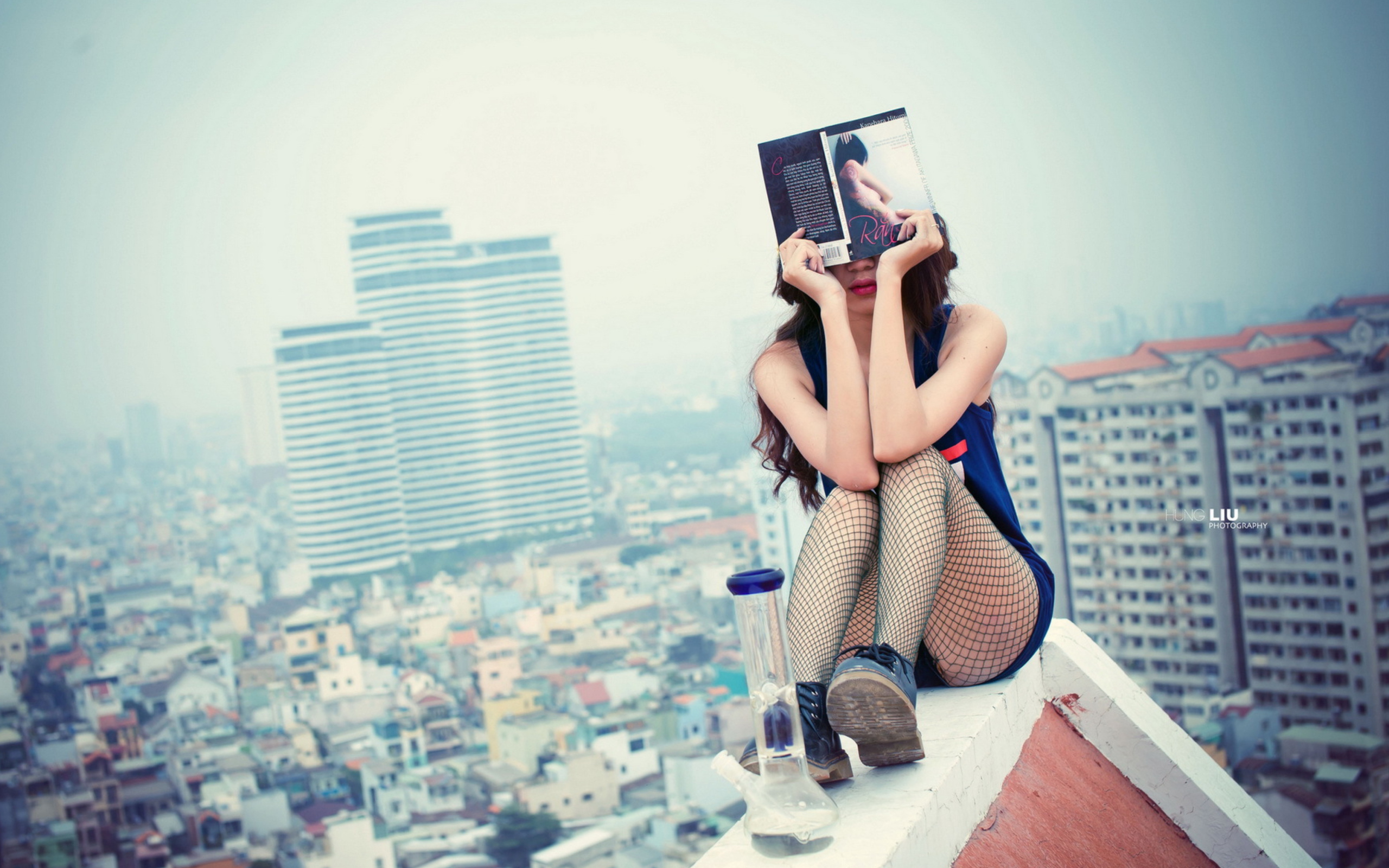 Обои Girl With Book Sitting On Roof 2560x1600