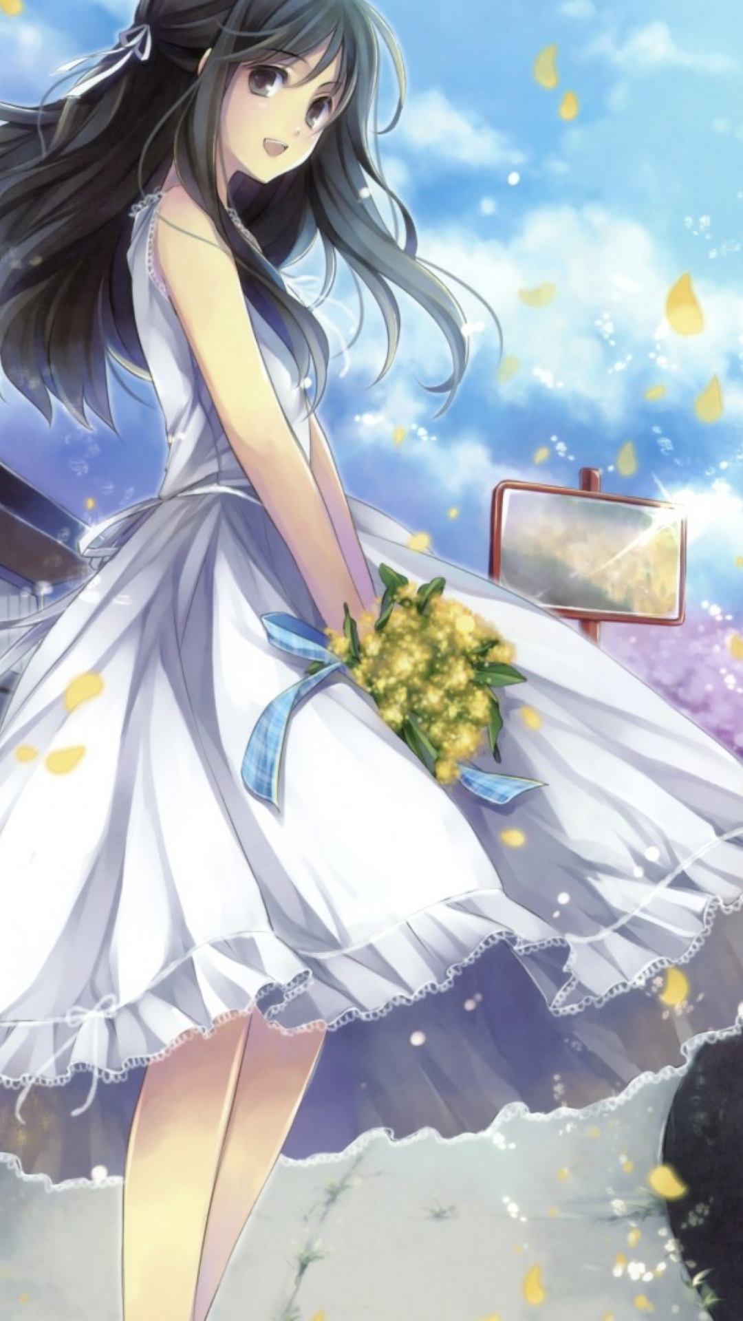 Girl In White Dress With Yellow Flowers Bouquet wallpaper 1080x1920