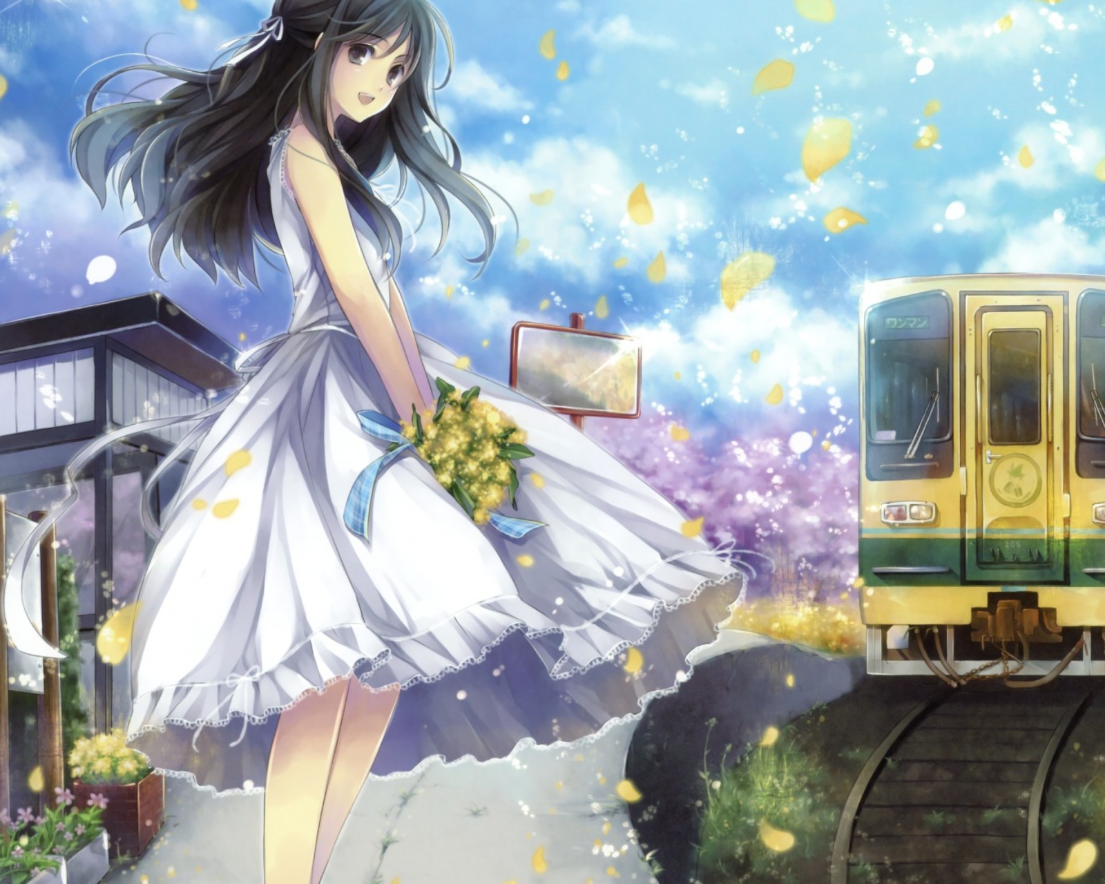 Screenshot №1 pro téma Girl In White Dress With Yellow Flowers Bouquet 1600x1280