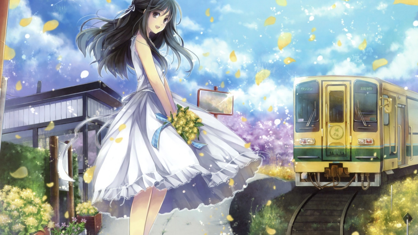 Обои Girl In White Dress With Yellow Flowers Bouquet 1600x900