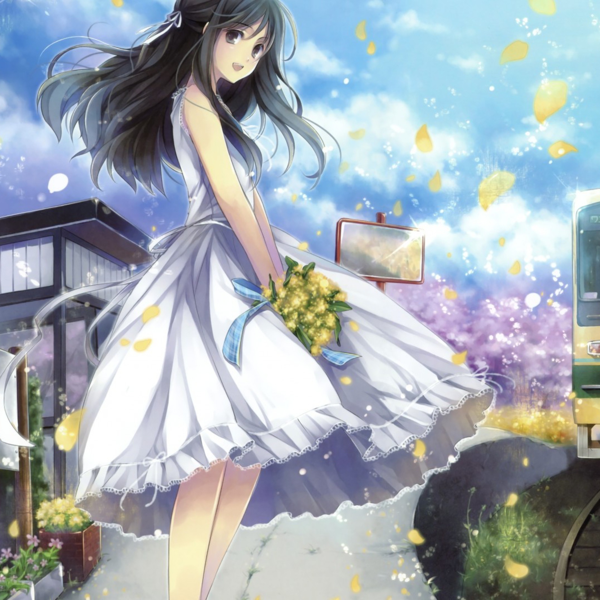 Das Girl In White Dress With Yellow Flowers Bouquet Wallpaper 2048x2048