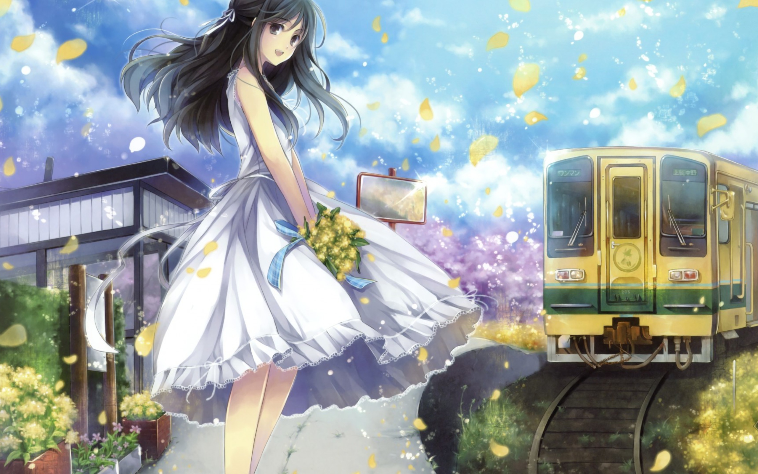 Screenshot №1 pro téma Girl In White Dress With Yellow Flowers Bouquet 2560x1600