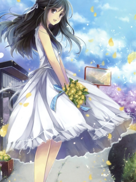 Fondo de pantalla Girl In White Dress With Yellow Flowers Bouquet 480x640
