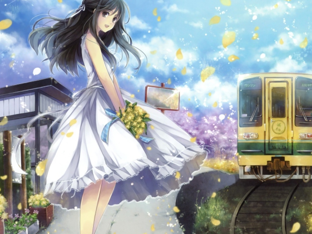 Girl In White Dress With Yellow Flowers Bouquet wallpaper 640x480