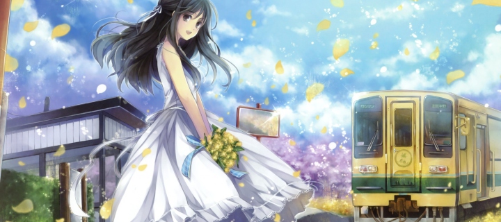 Girl In White Dress With Yellow Flowers Bouquet wallpaper 720x320
