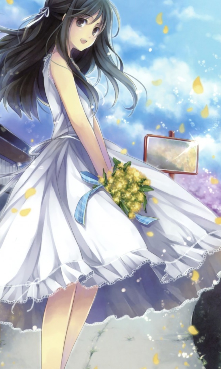 Girl In White Dress With Yellow Flowers Bouquet wallpaper 768x1280