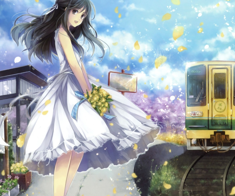 Screenshot №1 pro téma Girl In White Dress With Yellow Flowers Bouquet 960x800