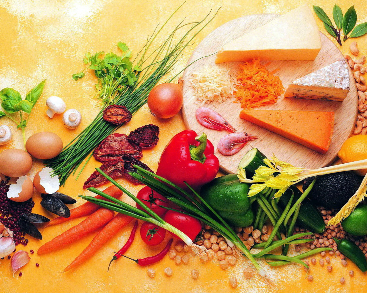 Das Still life of vegetables, cheese and eggs Wallpaper 1280x1024